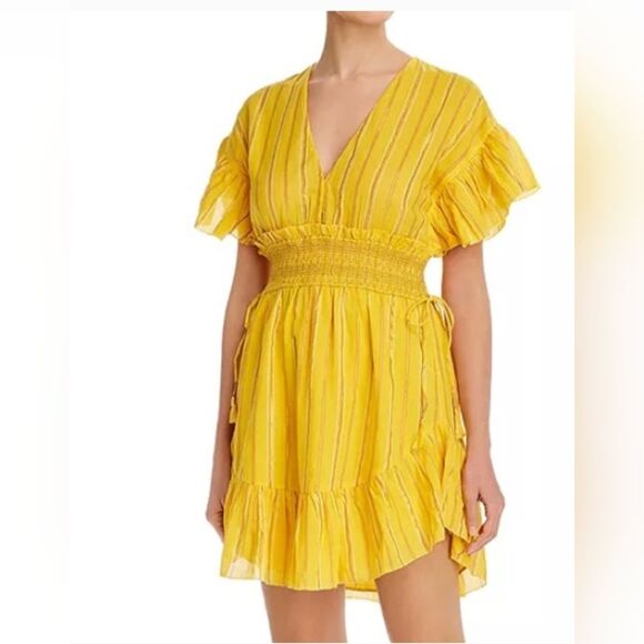 Saylor Adrianne flutter Ruffle-Sleeve cotton Mini Dress yellow gold smocked sz M - Picture 1 of 10